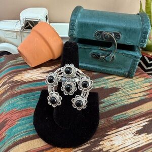 A11  Beautiful Navajo 6 Stone Black Onyx Naja Ring in a 92.5% Silver Setting